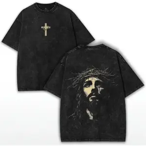 Jesus Crown of Thorns Washed Graphic Tee - Vintage Christian Faithcore Streetwear Oversized Tee, Religious Graphic T-shirt, Faith-Based Apparel, Casual Unisex Top, Spiritual Streetwear Outfit, Soft Cotton Blend Oversize Shirt