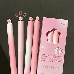 A Set of Four Pink Flower Spin Gel Pens, Macaron Gradient Pink Flower Decor Cute Girly Style, Spin-to-advance Smooth Writing Tools, Student Daily Writing Girly Stationery Essential