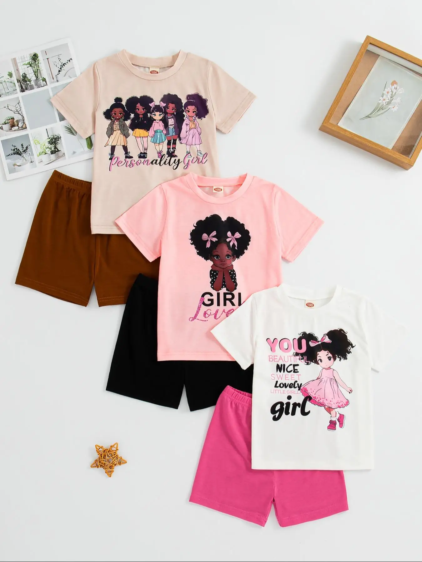 Toddler Girl's Cartoon Print Short Sleeve Tee & Shorts Set, Casual Round Neck T-shirt & Shorts, Summer Clothes for Kids