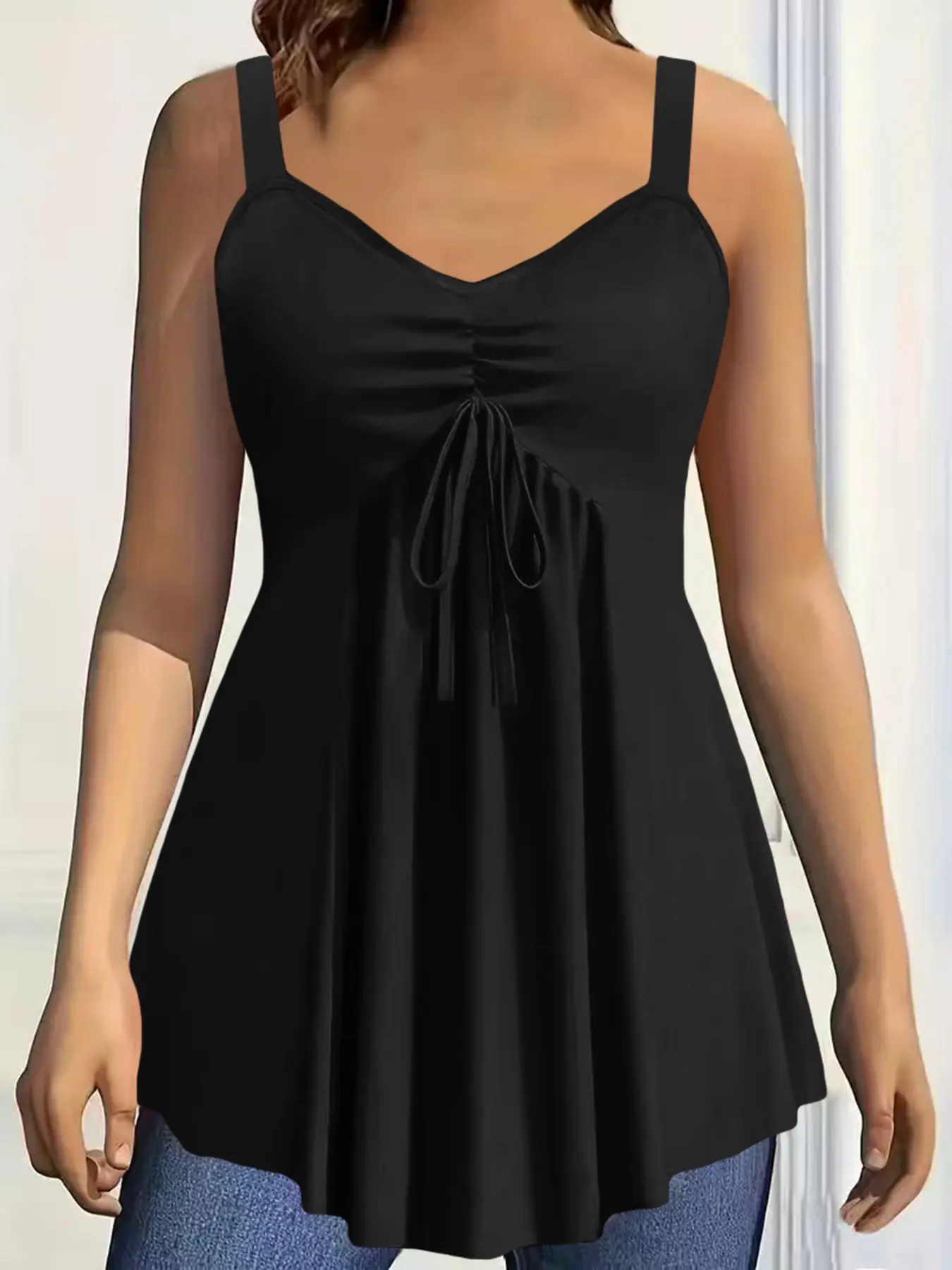 Women's Plus Size Summer V-Neck Sleeveless Spaghetti Strap Vest Top, Camisole Tank Top, Plain Pattern, Loose-Fitting, Basic Casual, Casual Fashion Sleeveless, Ideal for Daily Wear, Womenswear