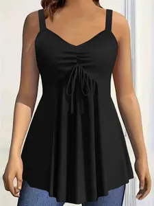 Women's Plus Size Summer V-Neck Sleeveless Spaghetti Strap Vest Top, Plain Pattern, Loose-Fitting, Basic Casual, Ideal for Daily Wear, Womenswear