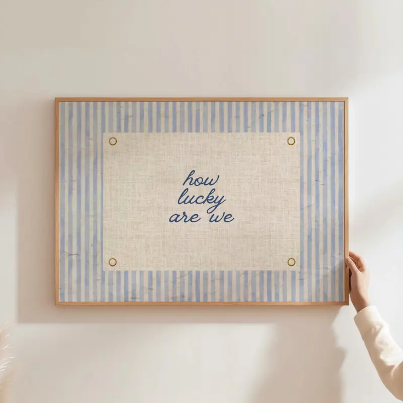 Navy Blue "How Lucky Are We" Typography Digital Print, Lightweight   Minimalist Retro Wall Art, Positive Home   for Dorms