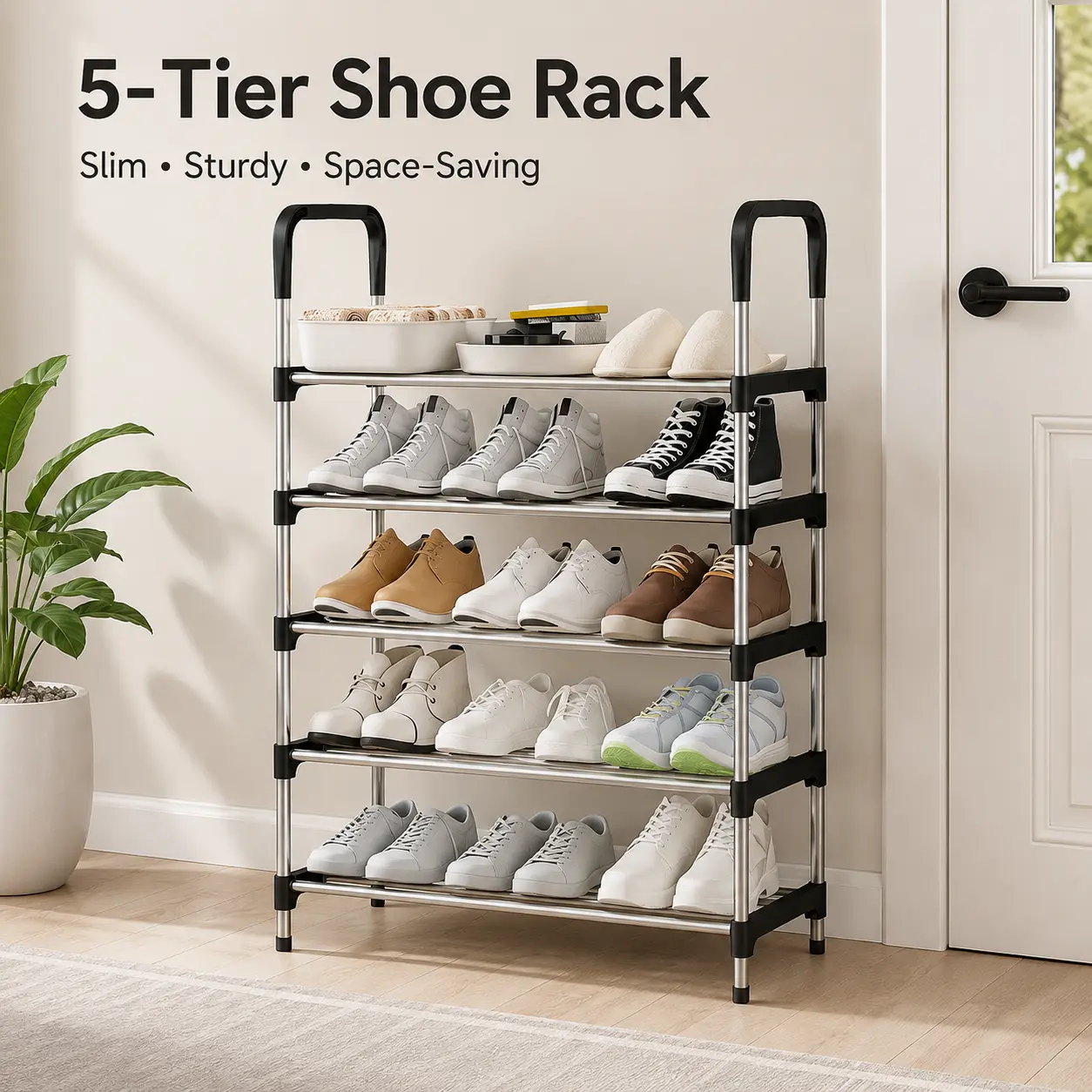 5-Tier Shoe Rack Organizer, Black Carbon Steel Shoe Storage Shelf with Handles, Space Saving Shoe Rack for Entryway, Bedroom, Closet & Dorm Room,