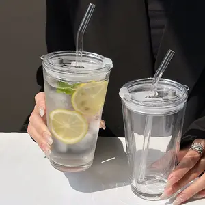 4 Pack Glass Cups with Lids and Straws, 16oz Reusable Iced Coffee Cups, Glass Tumblers