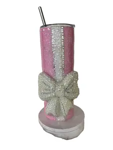 3D Rhinestone Bow Glittered Skinny Tumbler with Pearl Handle Stainless Steel Drinkware 20 oz or 30 oz Elegant Tumbler for Any Occasion - Flasks Mug Water Bottles