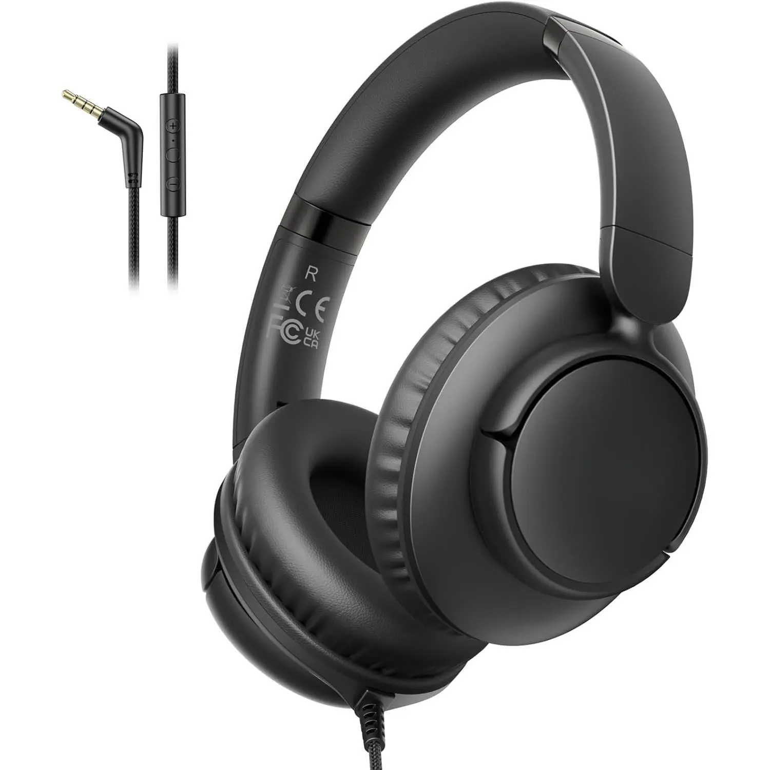 Over Ear Wired Headphones with Microphone - 3.5mm Plug, 4.9ft Cord, Volume Control, Lightweight Foldable Portable Adjustable Electronic Audio Headphones for Tablet Laptop MP3/4, Memory Foam Cushion, Black, Manufacturer Warrenty