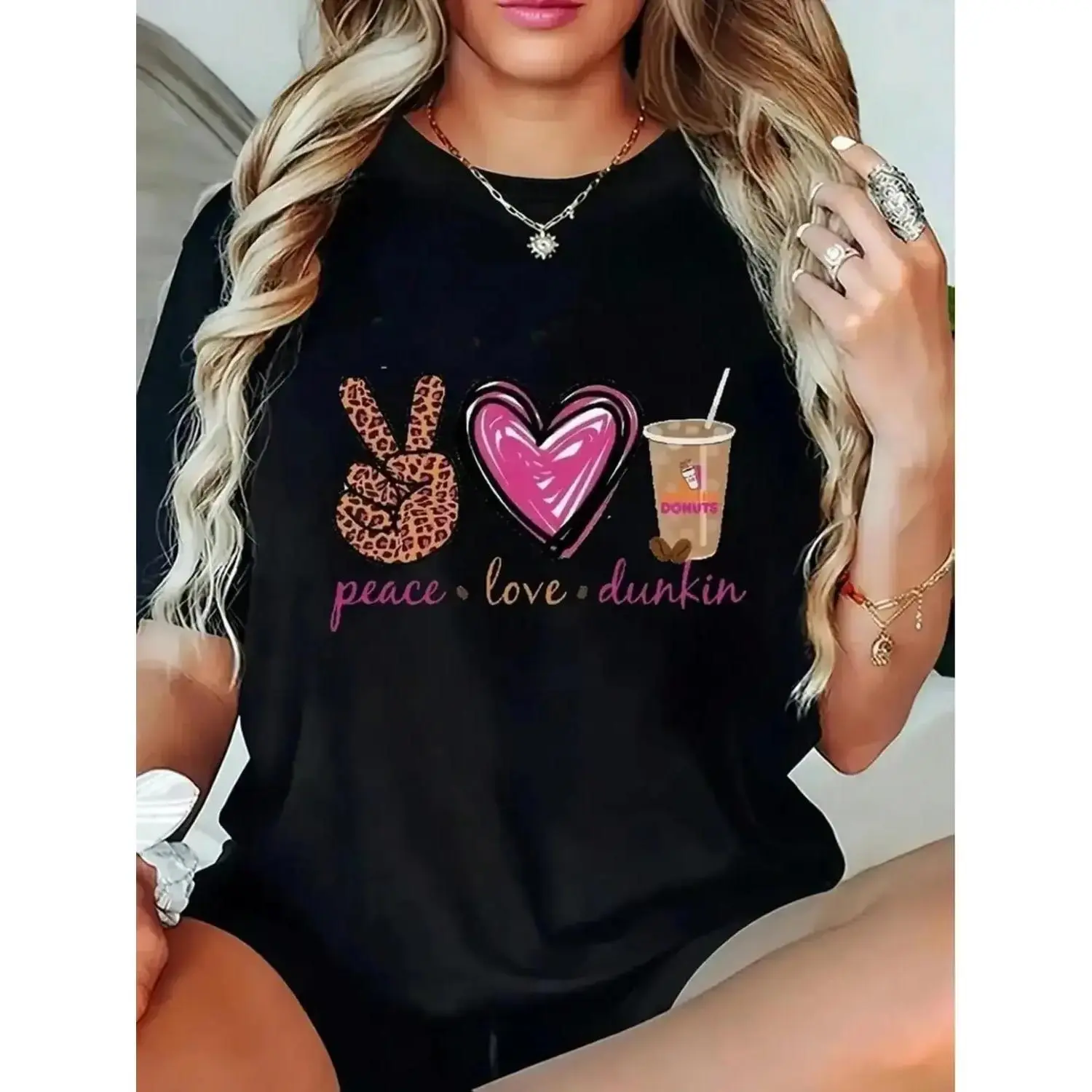 Women's Short-Sleeve Black Graphic T-Shirt, "Peace Love Dunkin" Coffee Cup Print, Soft Breathable Cotton Streetwear Clothes for Dunkin Fans, Easy-Care Casual Top for Lounge & Summer Parties, Shortsleeve, Round Neck, Lady