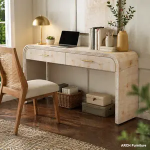 ARCH TREXM Retro Curved-Edge Media Console Table, Open-Style MDF-Veneer Wooden Table with 2 Hidden Drawers, Ideal for Living Room, Entrance