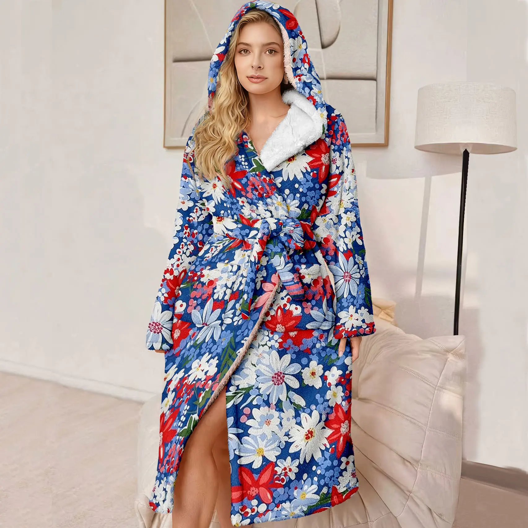 Plus Size Hooded Bathrobe for Women, Soft Plush Floral Pattern, Luxury Ladies' Robe, Perfect Gift for Mother and Wife