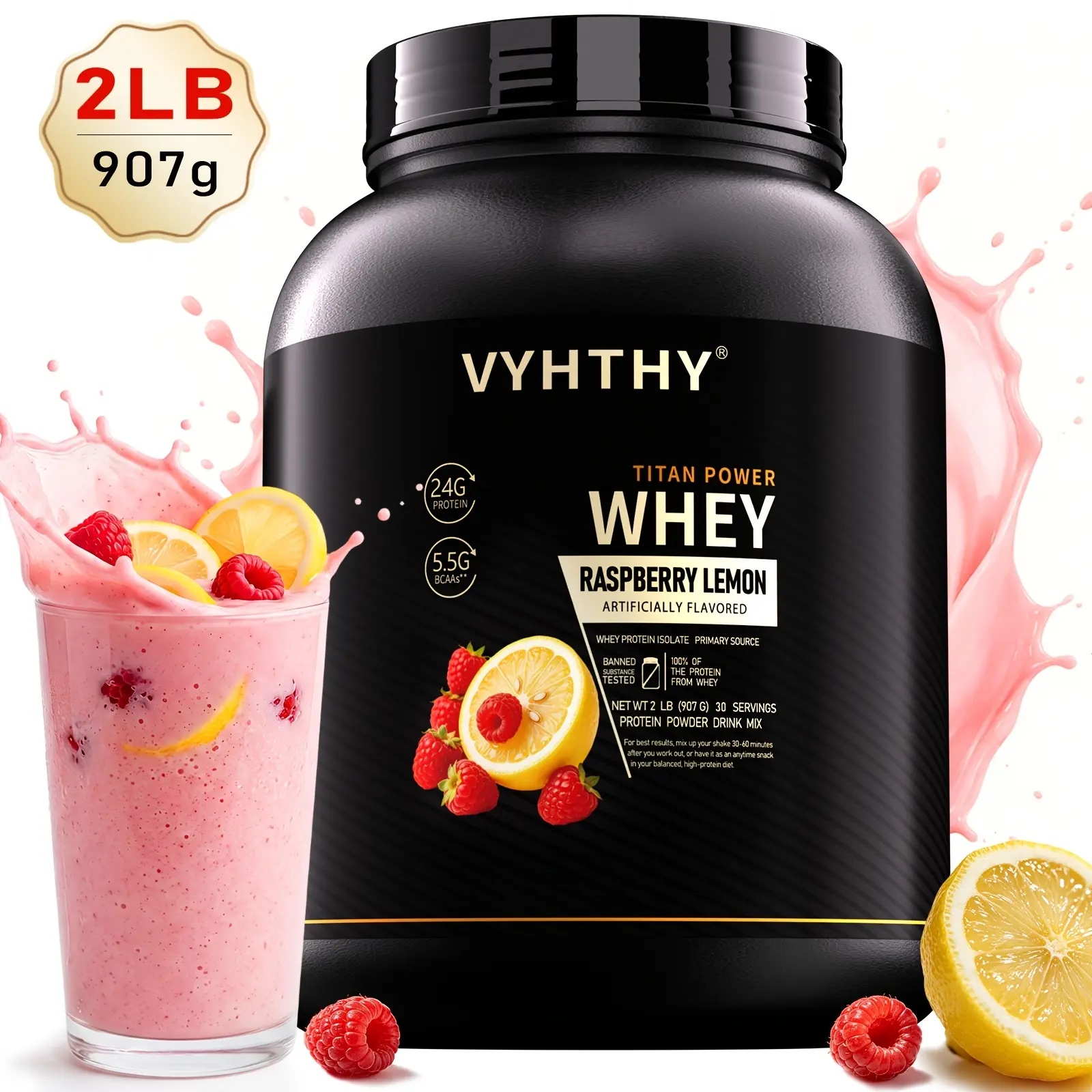 VYHTHY 2lb Raspberry And Lemon Ice Cream, Whey Protein Powder Supplement, Raspberry Flavour, Raspberry Milkshake, Premium Formula, Hydrolysed Protein Powder, Rapid Absorption, Easy to Digest, Suitable for Water, Milk And Smoothies
