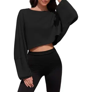 Danedvi Womens Long Ballon Sleeve Sweatshirts Tops Cropped Crew Neck Loose Fit Casual Workout Shirts