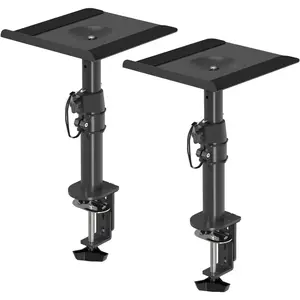 Clamp-on Speaker Stand Desk Mount Set, Height Adjustment, Tilt, Swivel, 9.6 x 8.8 inch Trays, Universal Audio Holders for Computer and Bookshelf Speakers, Elevated Sound, 2 Pack, Black, SDM001B