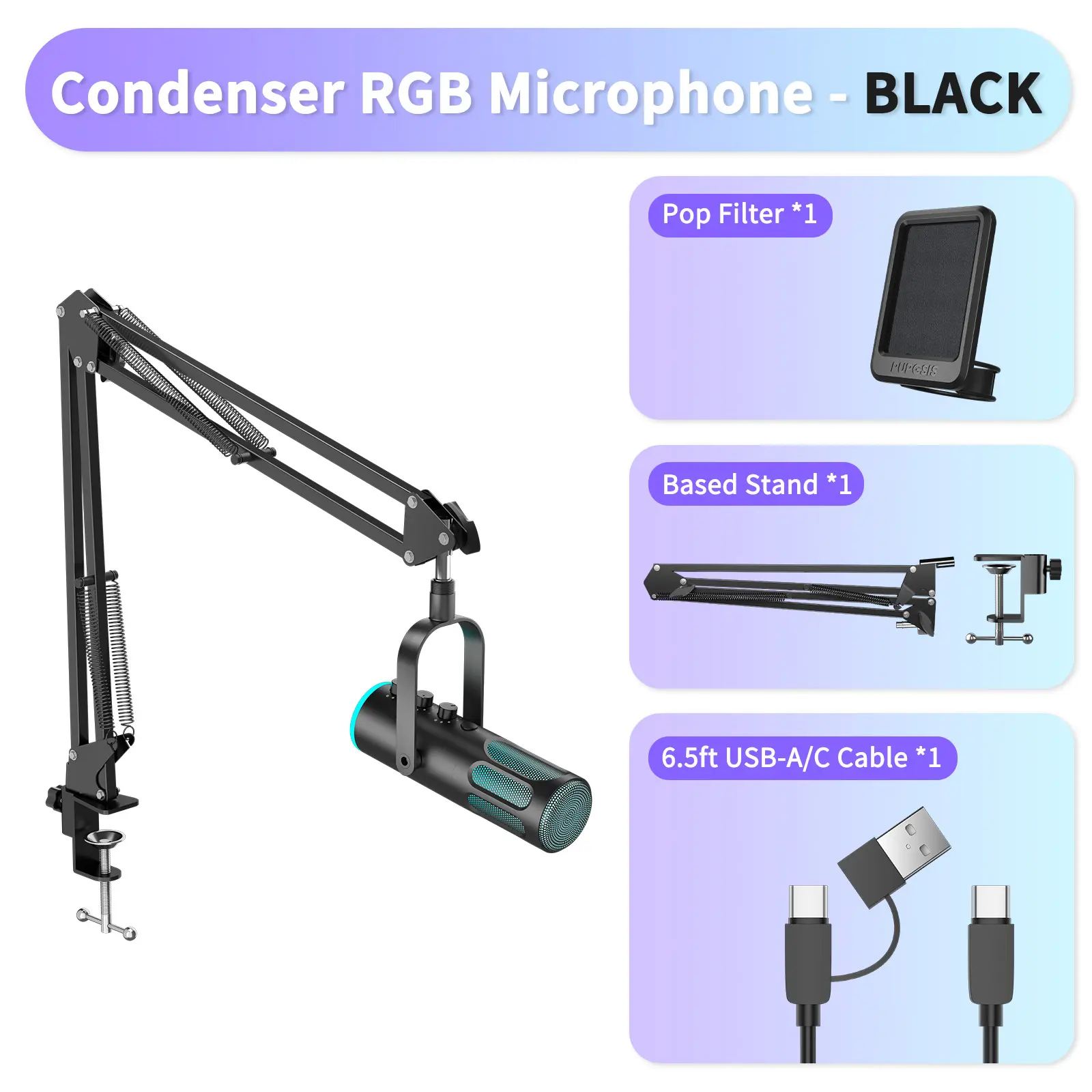 【P PUPGSIS】 Gaming USB Condenser Microphone with Noise Cancellation, Mute, Reverb Monitoring, Adjustable Boom Arm, Pop Filter, Game Audio Support, Cable & Plug for PC, PS4/5, Mac Streaming, Podcasting