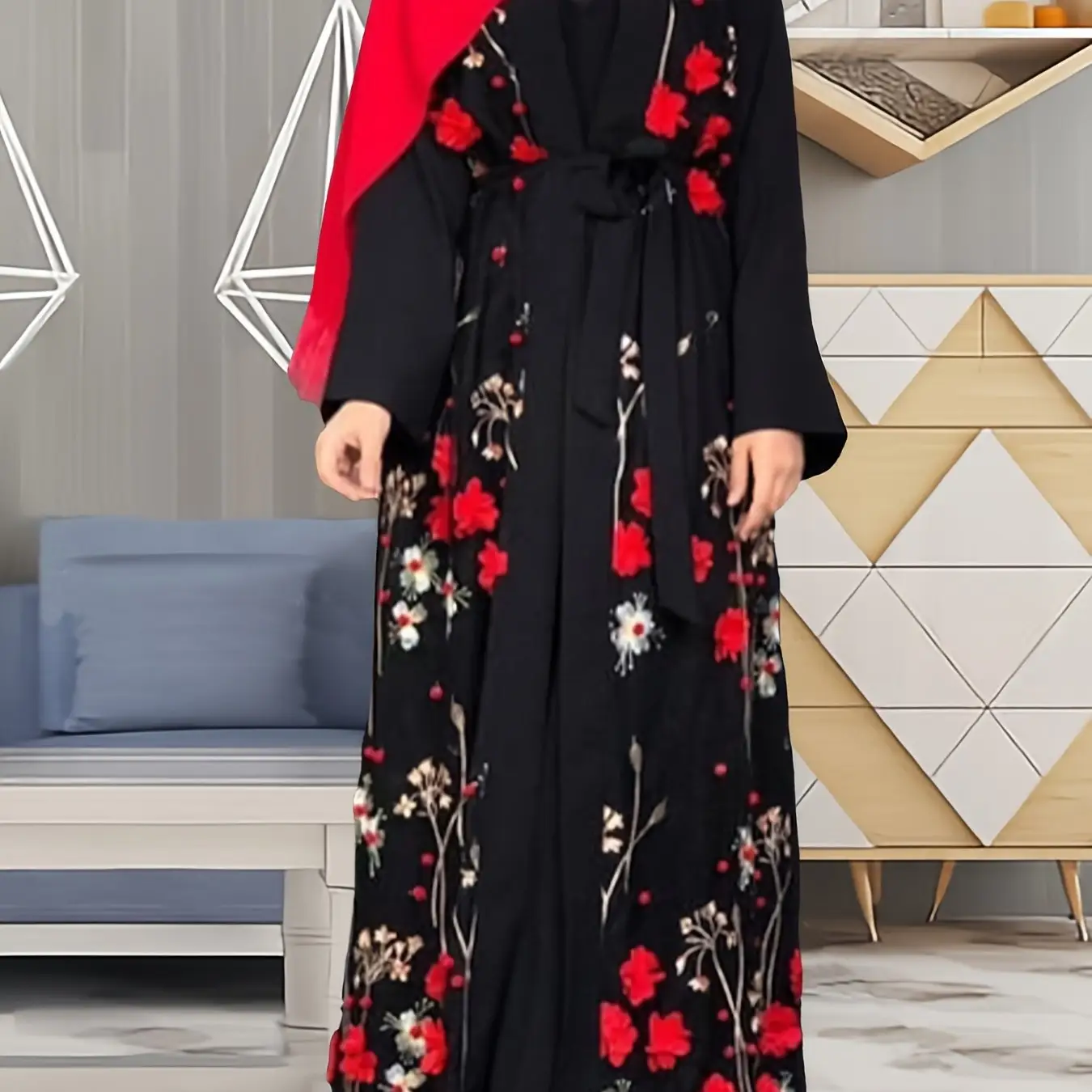Elegant Floral Embroidered Kaftan Dress with Belt - Long Sleeve Open Front Maxi Length, Red Hijab Included, Perfect for Spring/Summer/Fall, Muslim & A