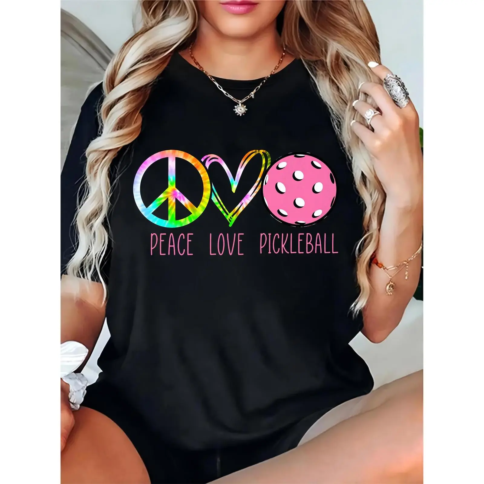Women's Peace Love Pickleball T-Shirt, Rainbow Peace Sign & Colorful Heart & Pink Pickleball Graphic, Casual Sporty Tee for Pickleball Enthusiasts, Black 100% Cotton T-shirt