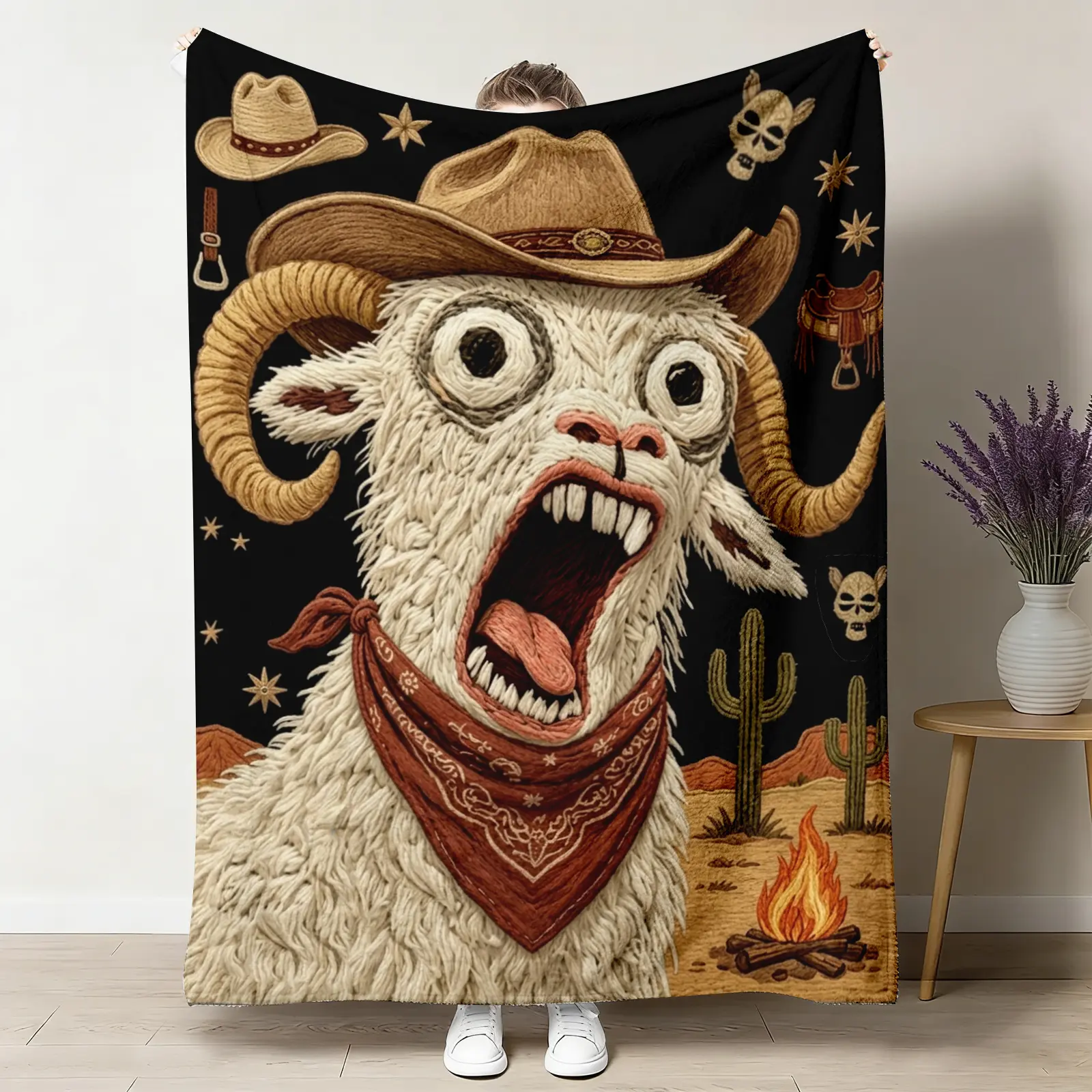 Funny Screaming Goat Flannel Lightweight Throw Blanket - 50x60in Soft Comfy, Breathable, Machine Washable, Multi-Size Option, Travel/Camping Use, All-Season Bedding/Sofa Decor, Gift for Whimsical Style Lovers, Soft Comfy Blanket
