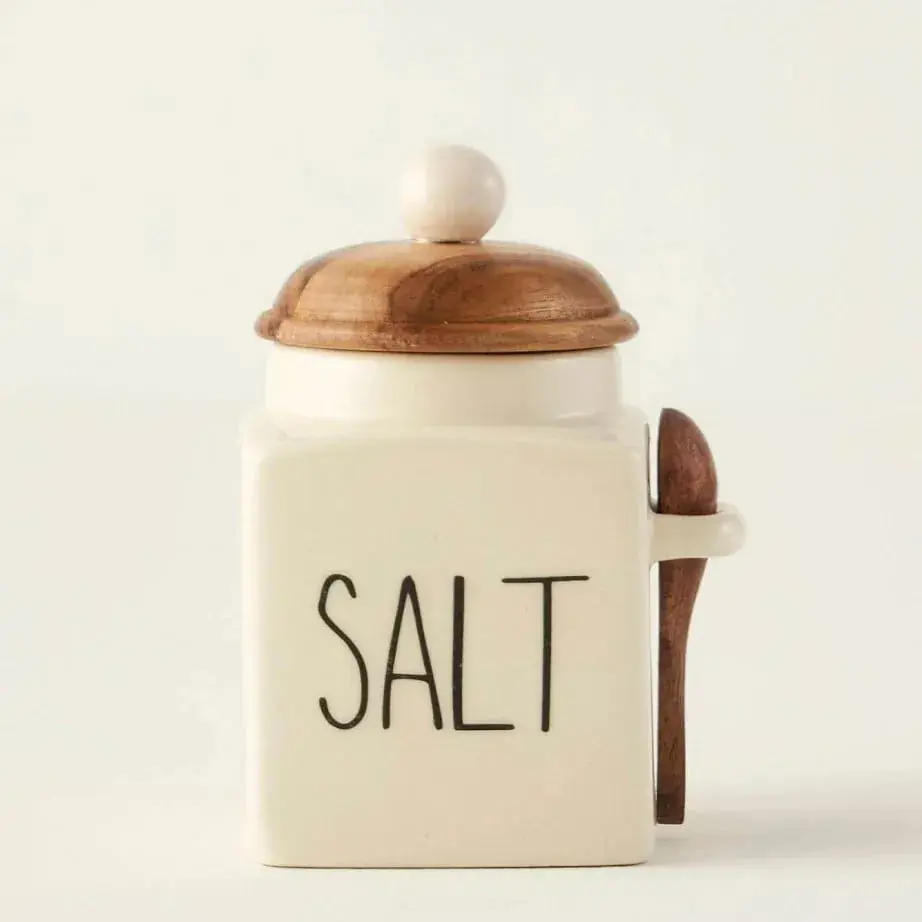 Kitchen Cream Ceramic Salt Canister with Wooden Acacia Lid, Decorative Seasoning Jar with Spoon