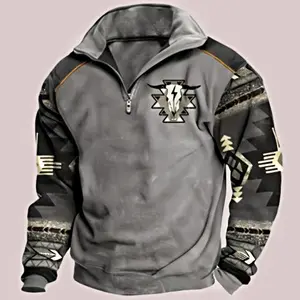 Men's Aztec Hoodie Western Inspired Design1/4 Zip Long Sleeve Pullover Pullover Sweatshirt Casual Menswear