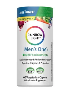 Rainbow Light Mens Multivitamin One + | 60 Caplets | Supports Energy & Antioxidant Health | with Real Food Nutrients, Digestive Enzymes & Probiotics
