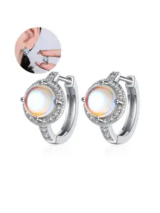 Elegant Women's 925 Silver Moonstone Hinged Hoop Earrings, Fashion Simple Style Casual Daily Wear Ear Hinged Hoop Earrings Pins, Ladies Jewelry Gift Set, Hinged Hoop Earrings