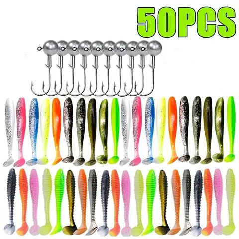50Pcs Soft Fishing Lure Set, Silicone Worm Bait with Crank & Jig Head Hooks, Long Casting, Portable Fishing Tackle for Anglers, Fishing Gear, Fishing Supplies