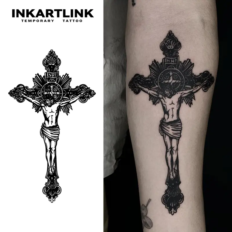 INKARTLINK Tattoo Tech,2 Sheets Extra-Large Semi Permanent Tattoo, Adult Art Design Temporary Tattoos, Lasts 1-2 Weeks, Waterproof, Realistic look, No Adhesive, No reflection (Christian Cross Design?
