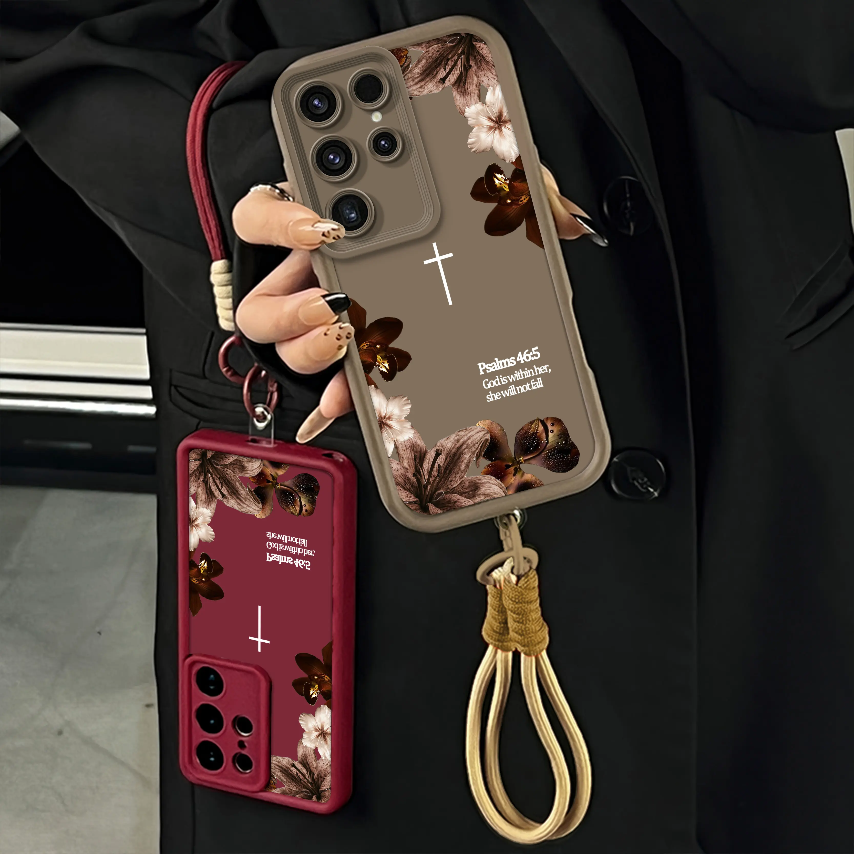 Vintage Floral Aesthetics Lanyard Phone Shell Christian Psalms 46:5 Cross for Samsung Galaxy S25 S24 S23 S22 A71 A56 A55 A54 A53 A52 iPhone 17Pro Max Air 16 15Plus 14 13 12 11 XR XS Matte Finish Anti Drop Bumper Religious Birthday Gift For Her .NN127
