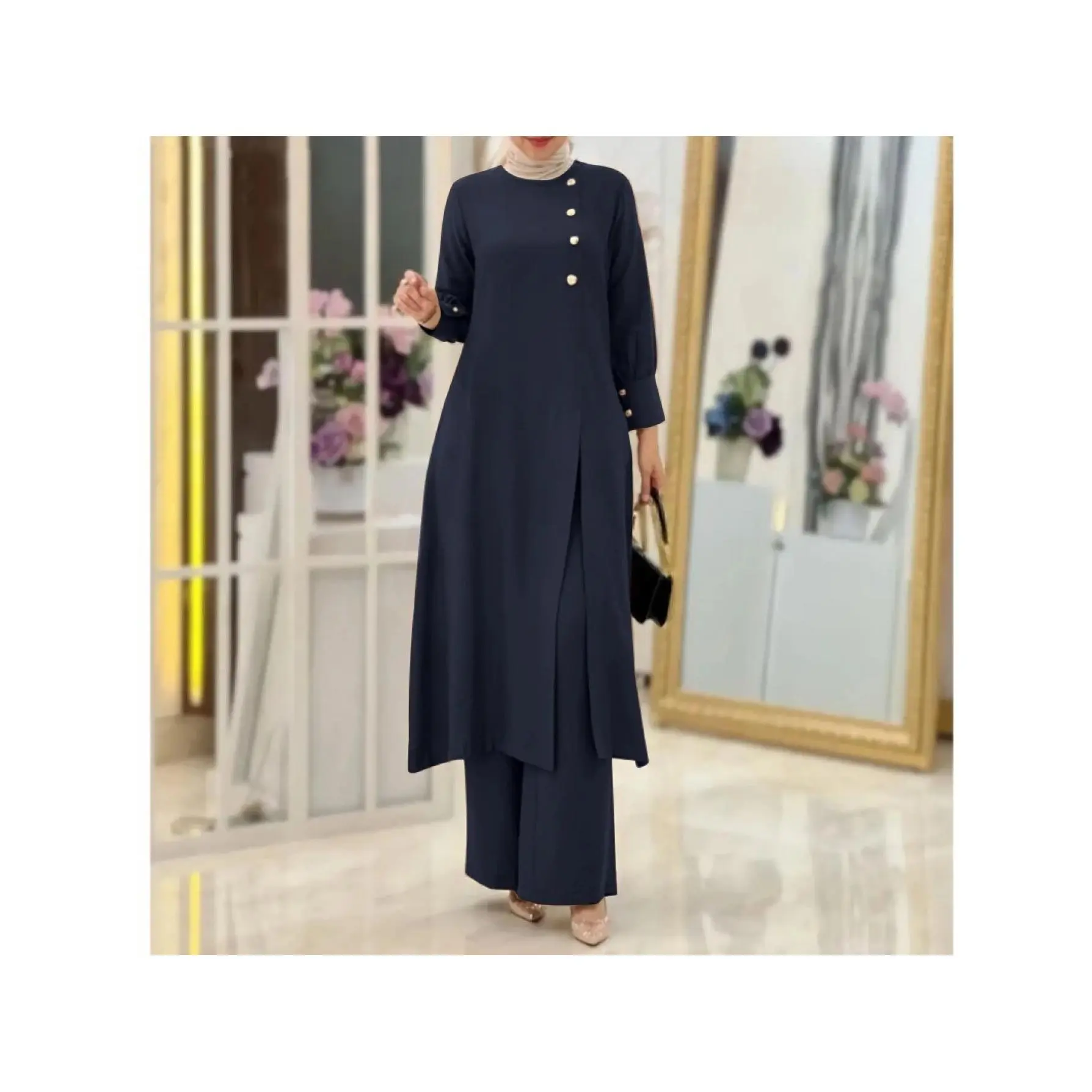 Women's Islamic 2-Piece Modest Fashion Set - Elegant Long Tunic with Front Buttons, Matching Wide Leg Pants, High Slit Design