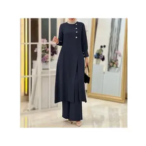 Elegant Muslim Women's Long Tunic with Matching Wide Leg Pants Set - Modest Fashion 2pcs Outfit with Front Buttons and High Slit Design