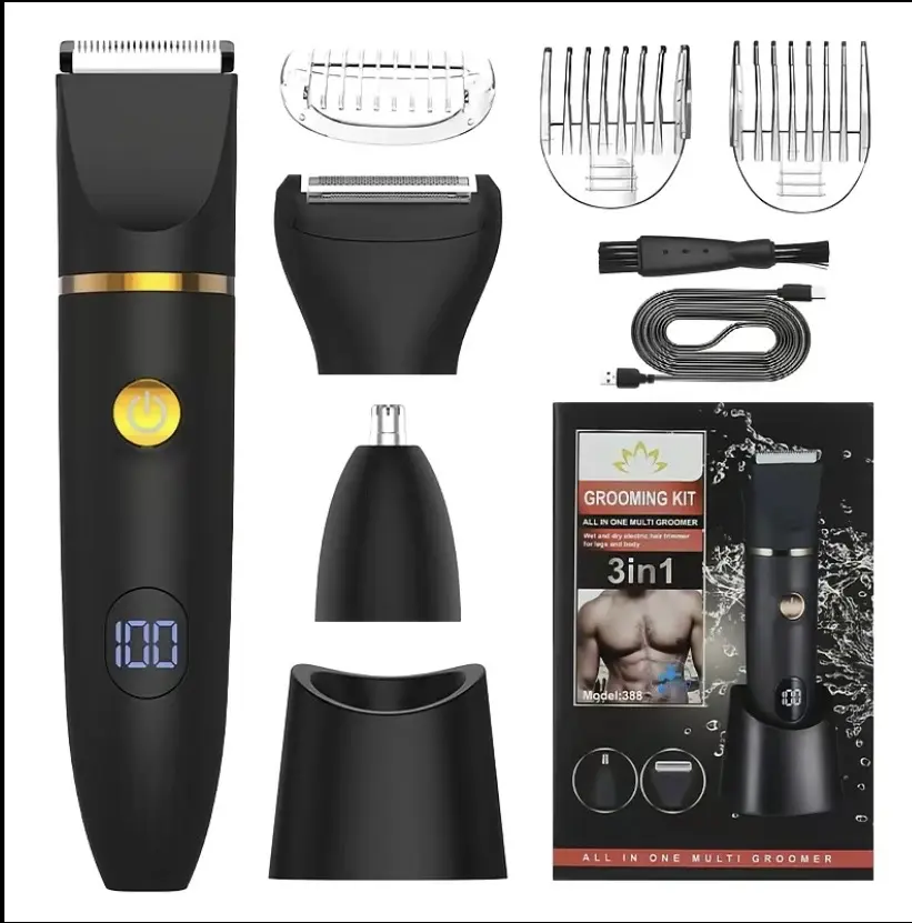 Electric  Hair Trimmer for Men- Manscape 3 in 1 Pubic Hair Groomer Trimmer,  Wet/Dry Replaceable Ceramic ,Type-C Rechargeable Dock & Nose/Ear