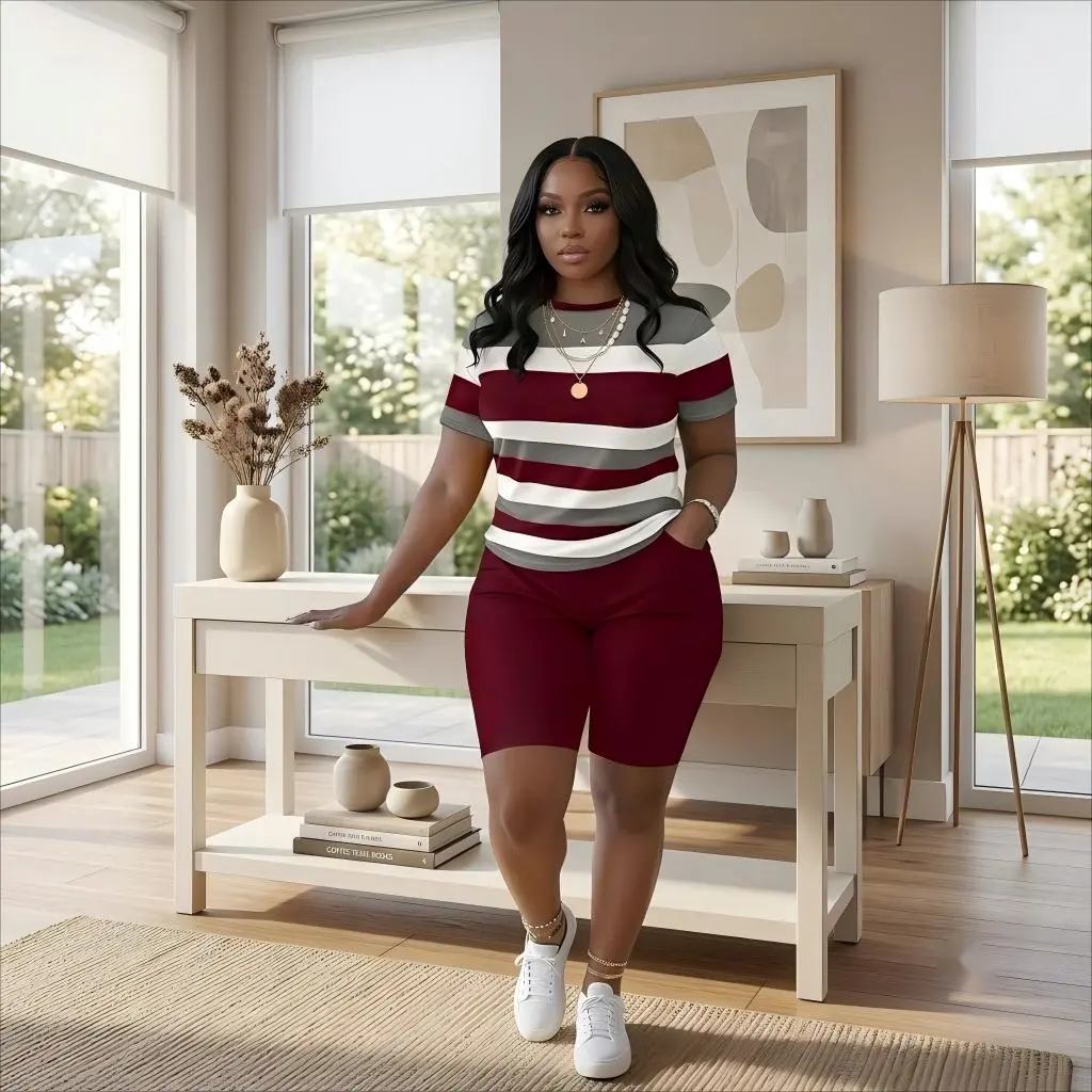Plus Size Sporty Chic Two-Piece Set | Color Block Tee & Shorts Cozy Athleisure, Summer Casual Matching Set for Daily Fitness