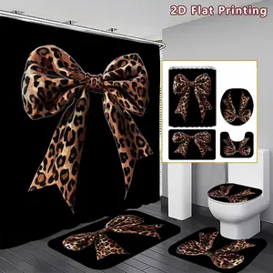 4PCS Leopard Bow Shower Curtain set, Brown and Black Leopard print Bow Bathroom Decor, Accessories with Bath Mat, U-shaped Mat, Toilet Lid Cover, 12 Hooks 180x180cm Curtain, Bow Lover, Home Decor, bathroom accessories