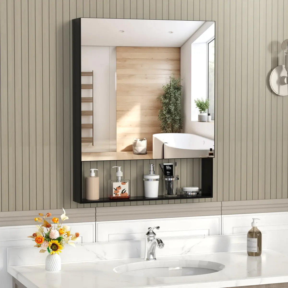 24''x30'' Aluminum Alloy Wall-Mountable Mirror Cabinet - 3-Tier Adjustable Shelf, Corrosion-Resistant, All-Aluminum, Multi-Compartmentalized Cabin Mirror Cabinet for Bathroom, All-Aluminum Mirror Cabinets, Cabin Mirror Cabinets