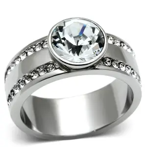 212 MAIN Women's High-Polished Stainless Steel Ring, Clear Top-Grade Round Stone Crystal - Size 10, Crystal Top