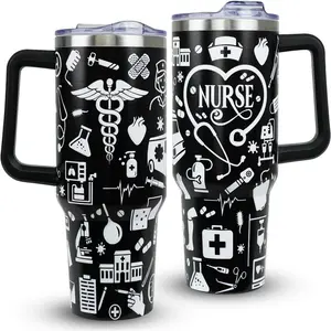 Nurse 40oz Insulated Stainless Steel Tumbler with Handle & Straw, Travel Coffee Cup Gift for Women & Men, Graduation & Nurse Appreciation