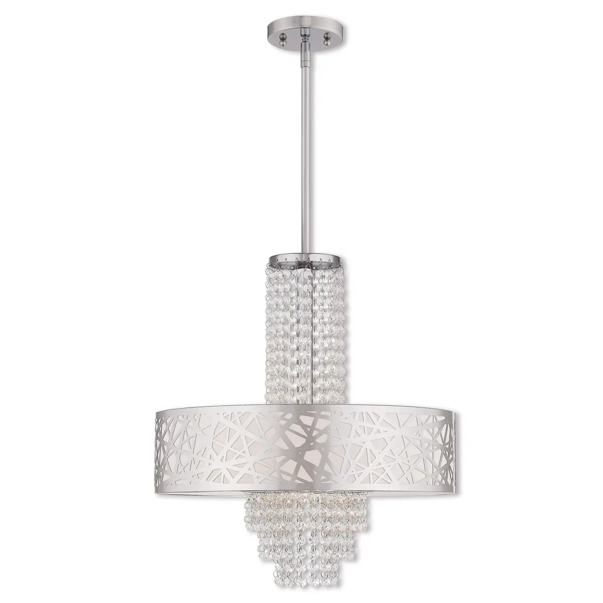 4 Light Polished Chrome Pendant Chandelier with Off-White Fabric Hardback Inside & Clear Crystals Shade