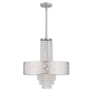 4 Light Polished Chrome Pendant Chandelier with Off-White Fabric Hardback Inside & Clear Crystals Shade