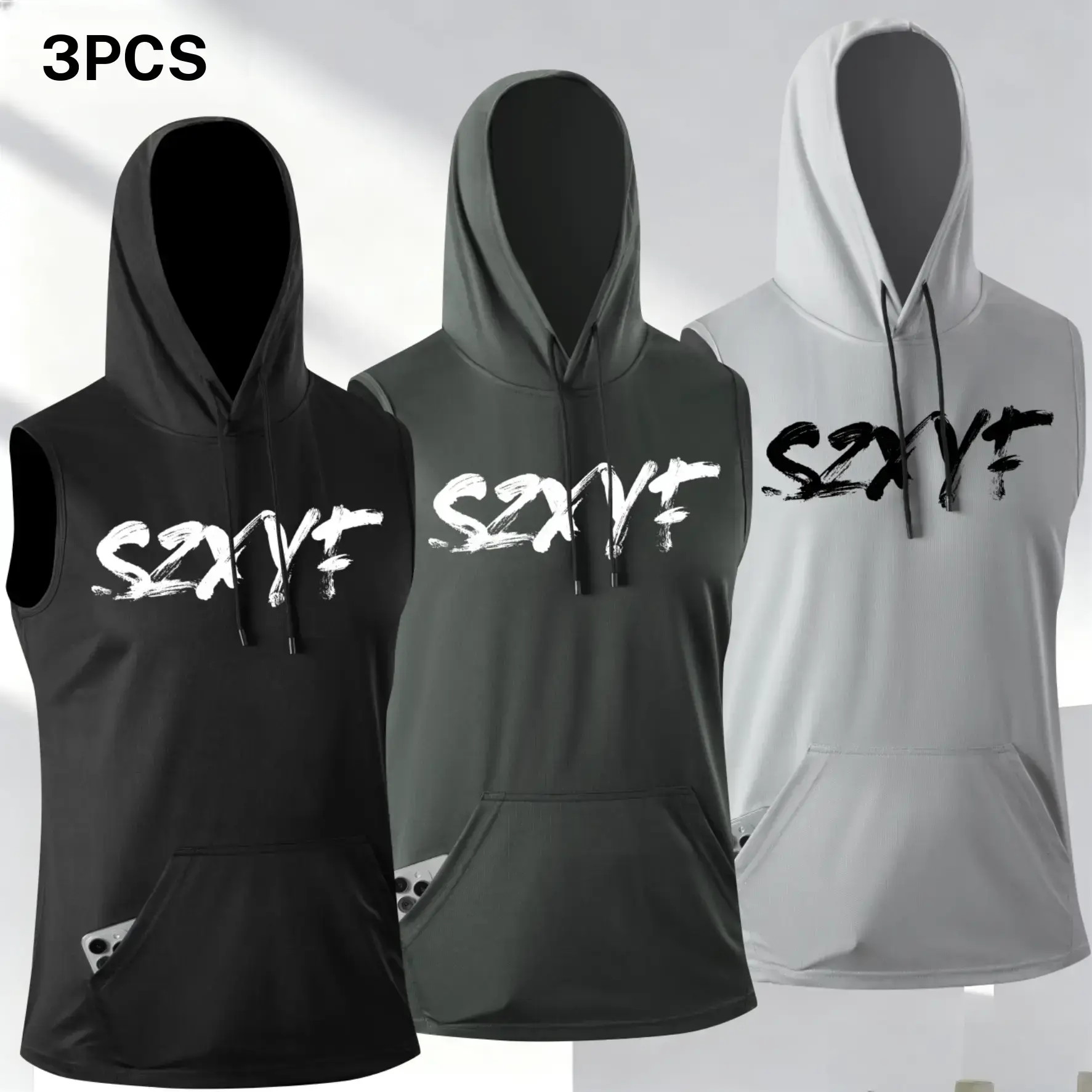 Men's three piece letter print hooded tank top, casual street style, drawstring hood design adds a relaxed feel, side pocket convenient for daily items, sleeveless fit keeps it cool and comfortable, suitable for men who enjoy a casual street look for ever