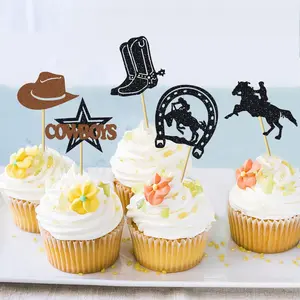 10/20pcs Cowboy Cupcake Toppers Glitter HorseShoe Cowboy Hats Boots Cupcake Picks Western Theme Birthday Party Cake Decorations Supplies Set Cake Decorating