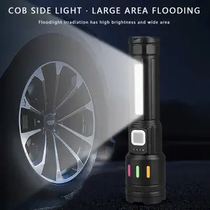 Rechargeable COB Side Light Zoomable Torch - Type-C Charging, Battery Level Display, 5 Modes, Red/Blue Flashing, Telescopic Focus for Camping, Emergency Use