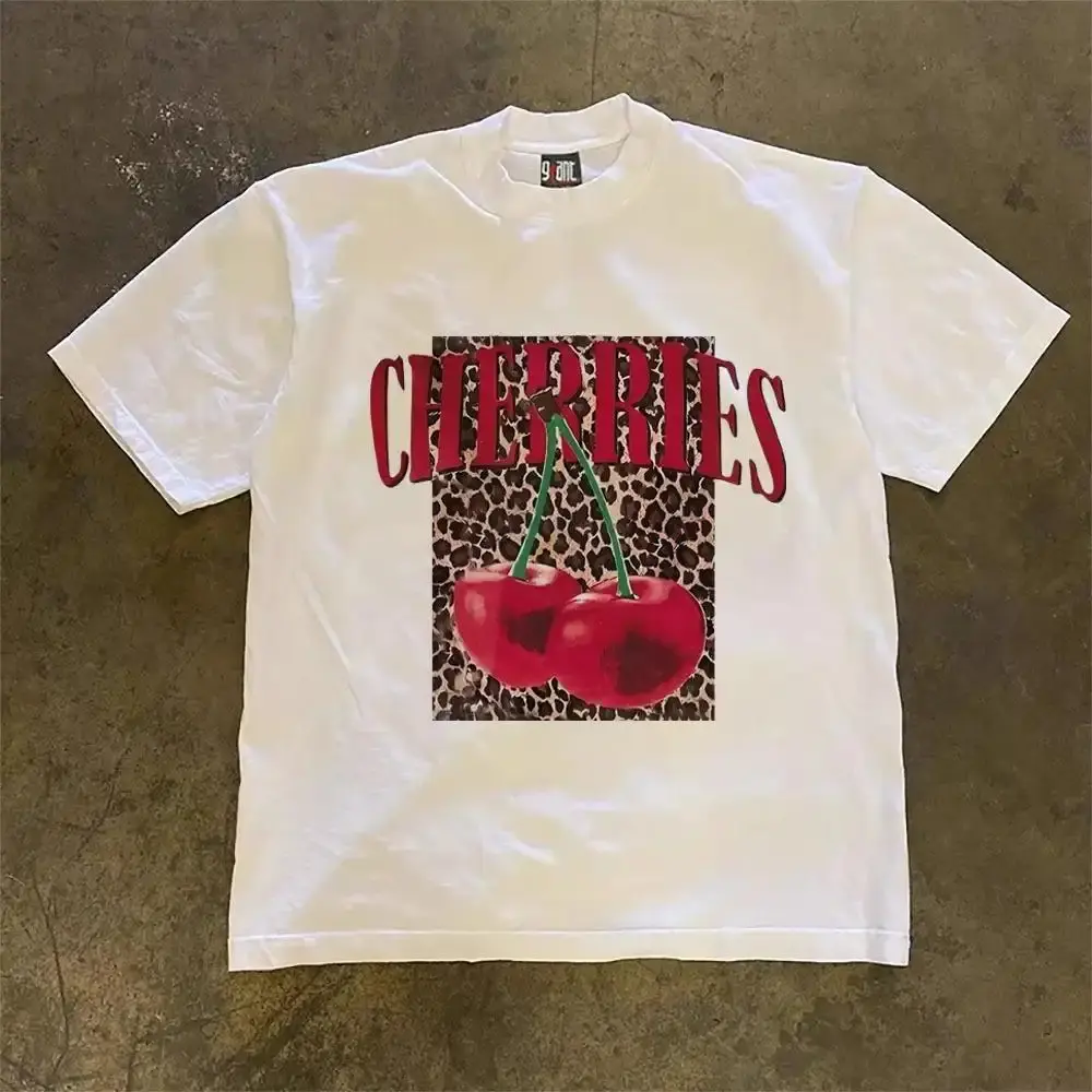 Korean Style Cherry & Leopard Print Graphic T-Shirt | Trendy Unisex Casual Tee | Short Sleeve Top for Men & Women | Fashion Streetwear Shirt | SKU qmtxplzrav