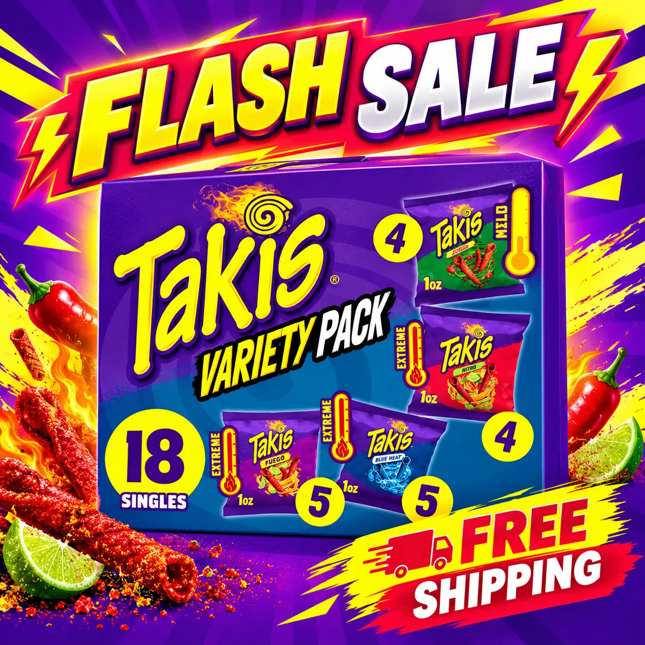 Takis Assorted Variety Pack Rolled Tortilla Chips, 18 Count, Spicy & Bold Flavors Variety, Crunchy Rolled Corn Snacks, Individually Packaged Snack Bags, Perfect for Parties, Lunches, Road Trips & On-the-Go Snacking