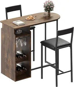 Multifunctional 3-Piece Bar Table Set, 3-Tier Wine Rack, Wooden Storage Shelves, 2 PU Leather Upholstered Chairs, Multifunctional Coffee Table for Kitchen Use