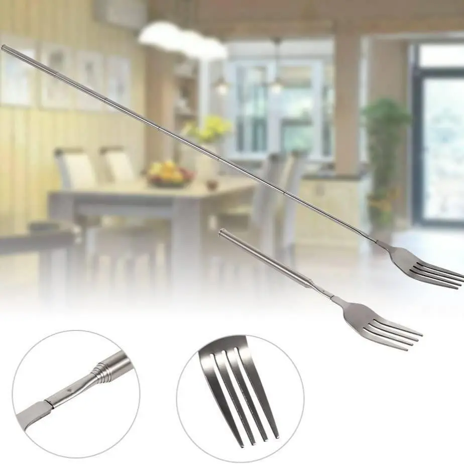 Stainless Steel Telescopic Fork, 1 Count Barbecue Cutlery Fork, BBQ Dinner Fruit Dessert Long Fork, Household Dinnerware, Barbecue Utensils, Kitchen Accessories, Kitchenware, Grilling Accessories, BBQ Tools, Barbecue Cooking Kitchen