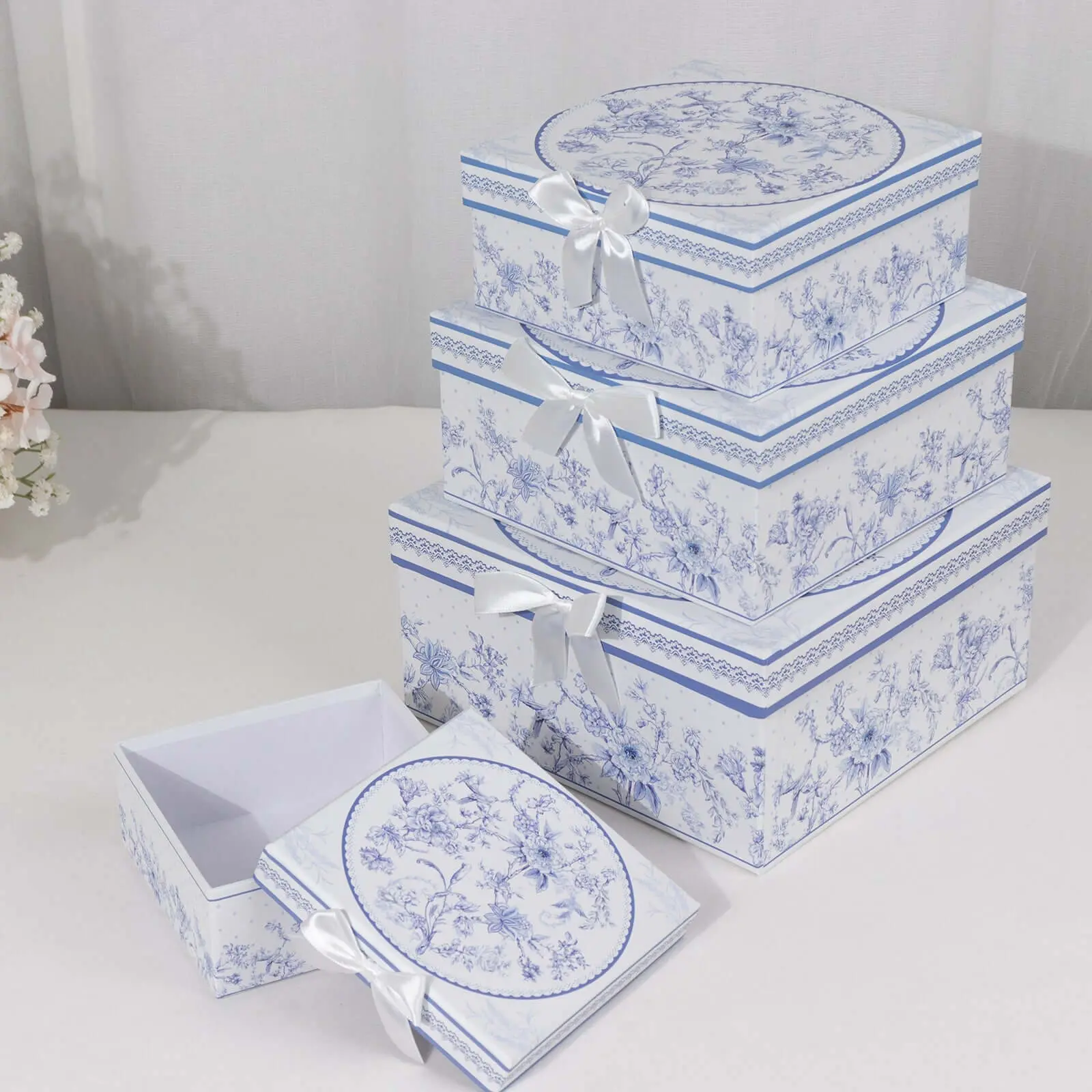 Classy Elegant Blue Packaging Gift Box Set - 4 Square Cardstock Nesting Wrapping Boxes (6in,7in,8in,9in) with Lids, French Toile Design, Heavy Duty Stackable Keepsake with Pedestal Stand for Anniversaries, Birthdays (Office Stationery Supplies), Blue Pack