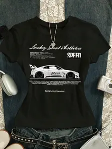 Lowkey Street Aesthetics JDM Racing Car Graphic Cotton T-Shirt - Japanese Domestic Market Sport Car Print, Casual Streetwear, Classic, Breathable Cotton Crew Neck Tee for Automotive Enthusiasts, Summer Outfits