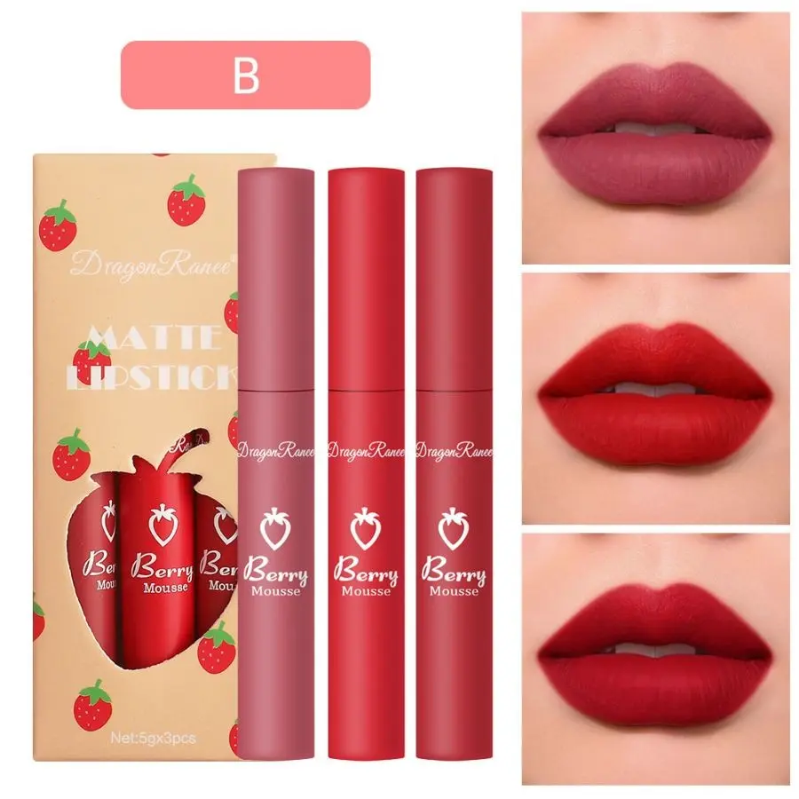 Matte Lip Gloss Set, Strawberry Velvet Matte Lip Gloss, Lipstick, Long-Lasting Waterproof, Lightweight Portable, Perfect for Daily Use, Parties, Gifts