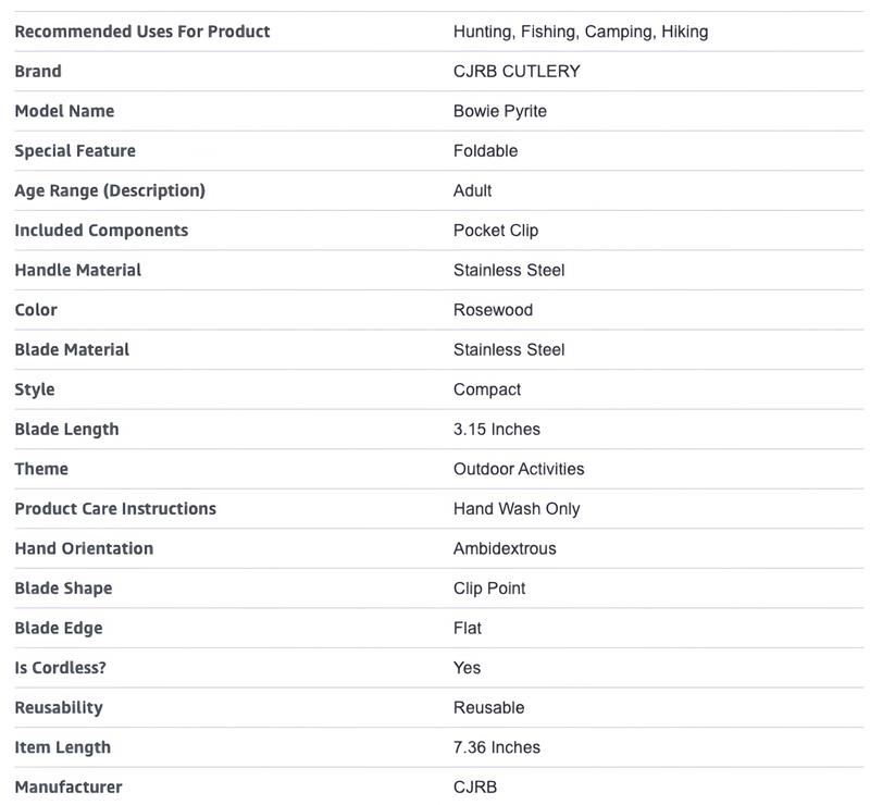 CJRB Bowie Pyrite Pocket Tool Knife with 3.15'' AR-RPM9 Steel Blade, Hunting Knife with Wood Handle for Camping and FathersDayGift