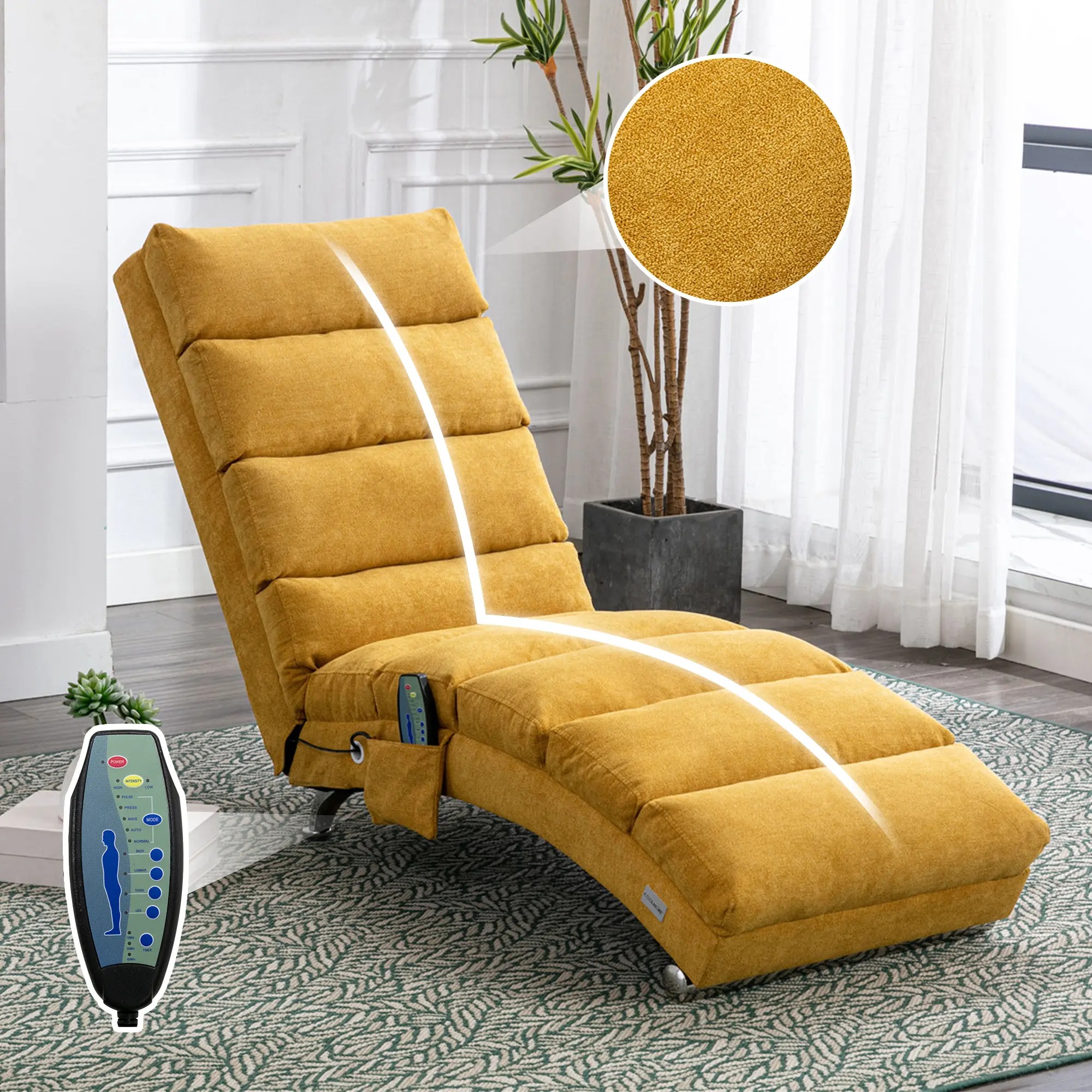 Luxury Upholstered Chaise Lounge Chair with Vibration Massage for Relaxation, Modern Fixed Back Fabric Leisure Recliner Sofa for Living Room Bedroom, Single Seater, Living Room Furniture for Apartment, Lounge, Family Room, Sofa Couch Seating