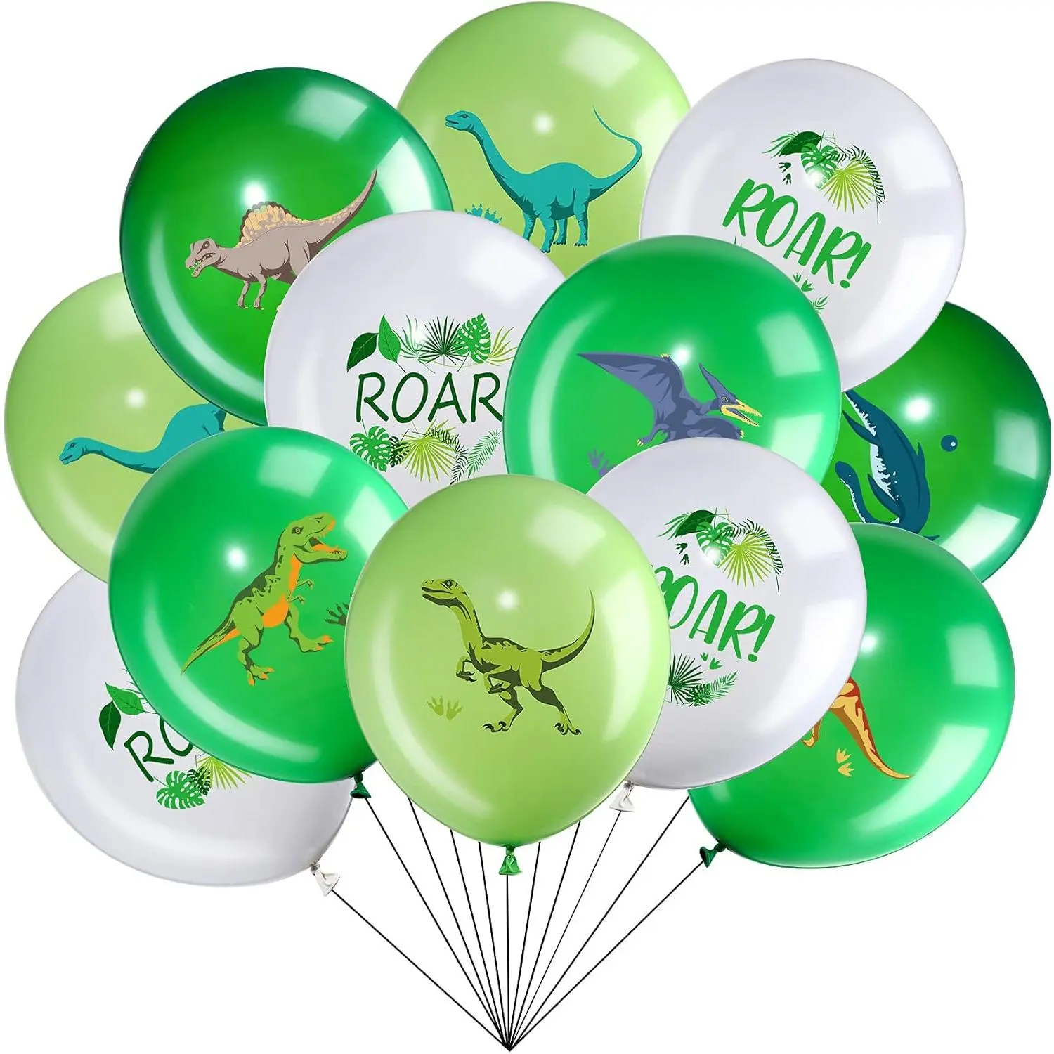 36-Pack 12-In Thick Dinosaur Latex Balloon Garland Kit, Green Printed Animal Decor with 9 Different Patterns, Neutral Balloon Decor for Kids' Picnic & Party, Animals